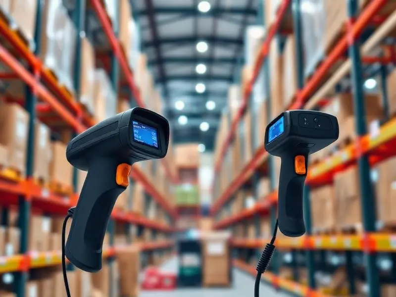 Handheld barcode scanners in a modern warehouse aisle for real-time inventory tracking.
