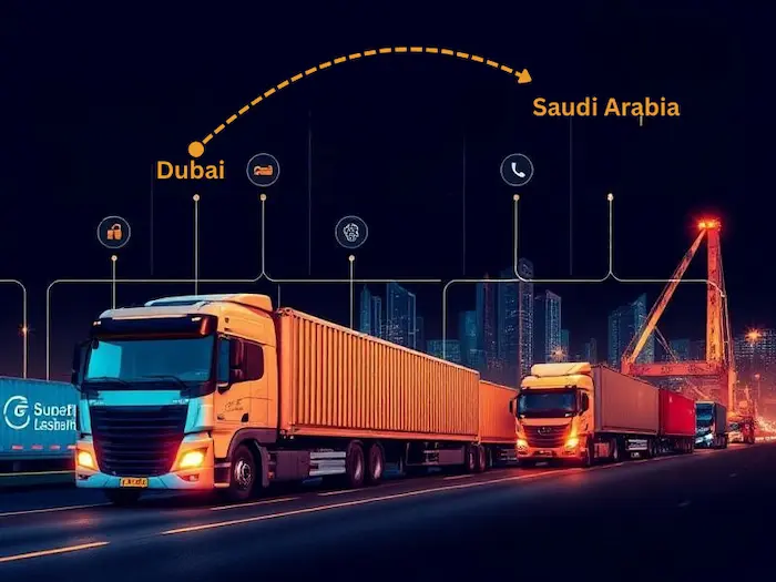 Freight trucks at a Dubai logistics hub ready for cargo delivery to Saudi Arabia.