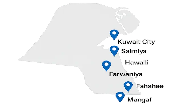 A map of Kuwait featuring location pins for major delivery hubs including Kuwait City, Salmiya, Hawalli, Farwaniya, Fahaheel, and Mangaf.