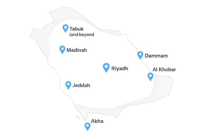 Map of FastShip's logistics network covering major Saudi Arabian cities including Riyadh, Jeddah, Dammam, and Madinah for cargo from UAE.