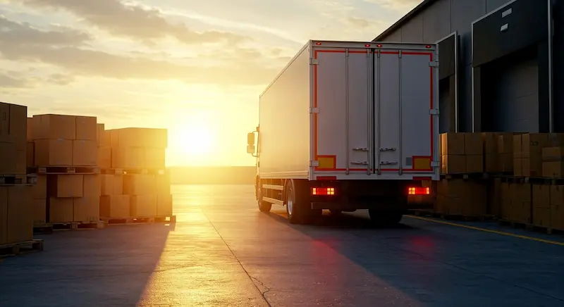 A delivery truck at a sunlit warehouse loading bay with stacked boxes, ready for transport to Oman.