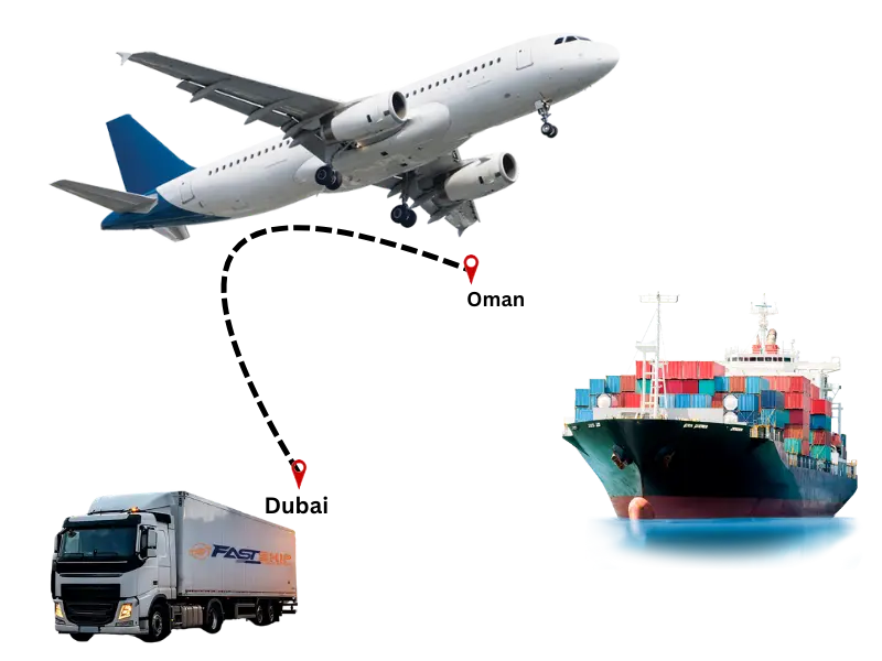 Illustration of air, sea, and road freight routes connecting Dubai to Oman for cargo shipping.