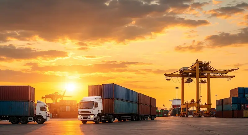 Freight trucks carrying containers at a sunset port terminal, representing cargo services from Dubai to Oman.