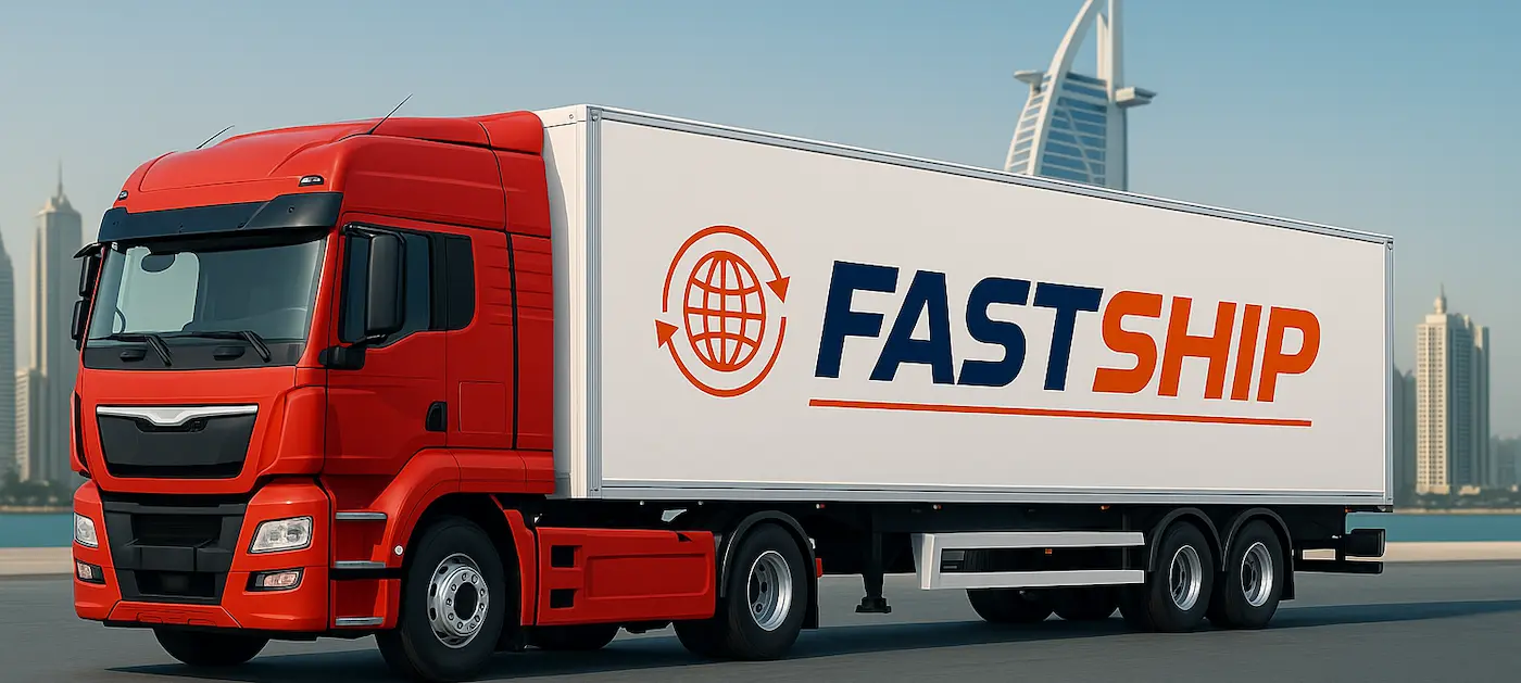 Large red Fast Ship commercial truck parked with the Dubai skyline in the background, representing last-mile delivery services.