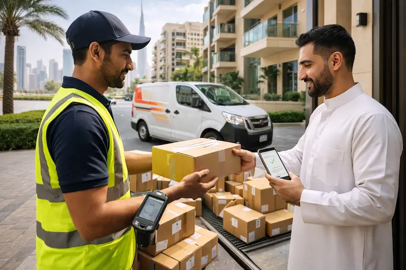 A delivery driver lifting cardboard packages from the back of a fully loaded van for last-mile delivery.