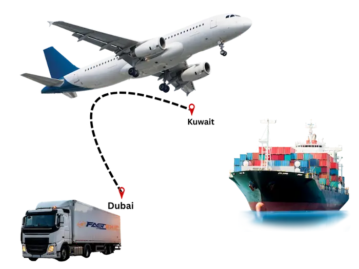 Illustration of air, sea, and road freight routes connecting Dubai to Kuwait for cargo shipping.