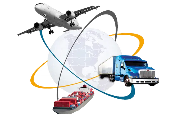 Graphic featuring a cargo plane, semi-truck, and container ship circling a globe to represent international customs clearance services.