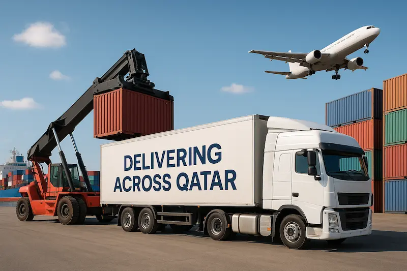 A container handler loading a Fast Ship truck branded with "Delivering Across Qatar" next to a cargo plane.