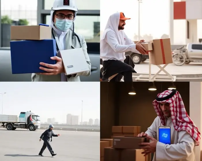 A collage showing professional delivery personnel handling packages, a courier loading a vehicle, and a worker managing logistics in the UAE and Saudi Arabia.