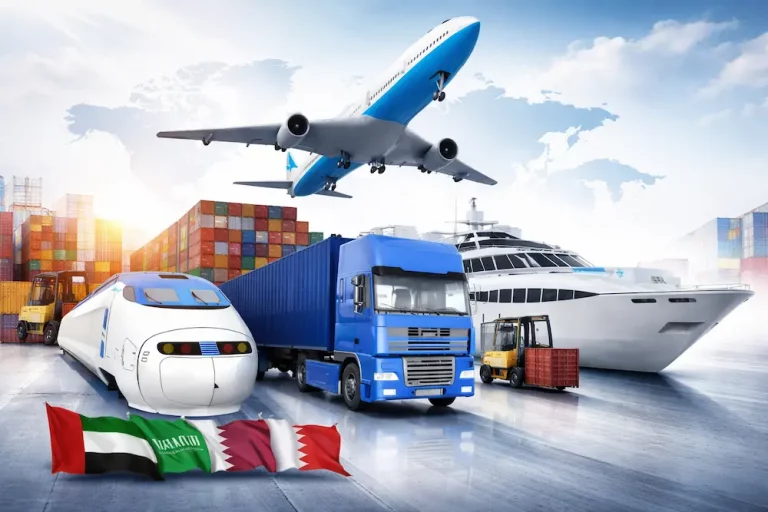 Air, sea, and land transport icons with GCC flags, illustrating FastShip’s DDP services across Saudi Arabia, Kuwait, and the UAE