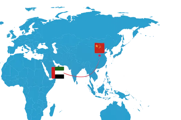 A world map illustration showing the strategic trade route from China to the UAE, representing FastShip's expert sourcing and import logistics for Dubai businesses.