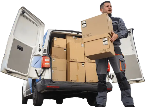A delivery driver carrying packages from the back of an open van for last-mile delivery to a customer.