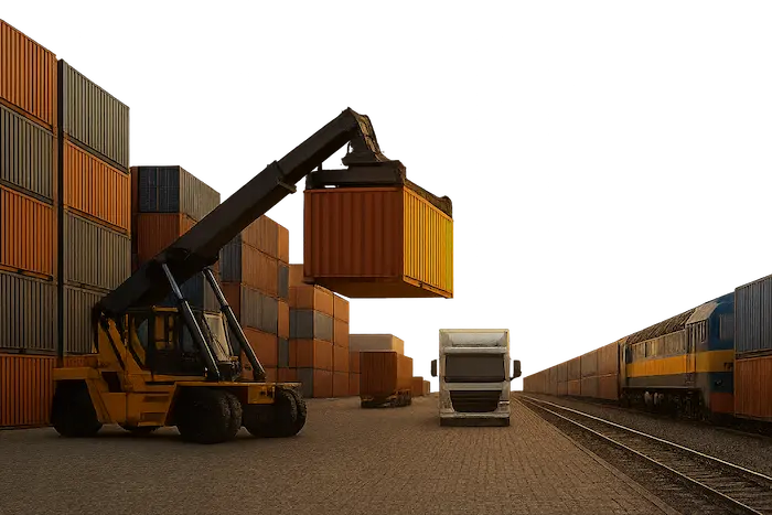 A shipping yard with a forklift moving containers, a cargo truck, and a freight train, representing logistics in the UAE and Saudi Arabia.