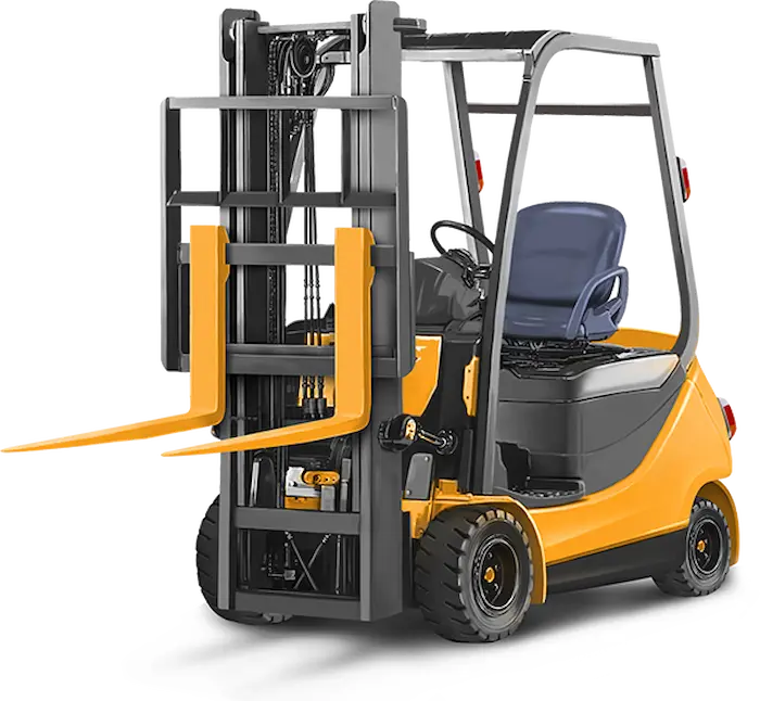 A yellow and black industrial forklift used for loading and unloading heavy cargo in a warehouse setting.