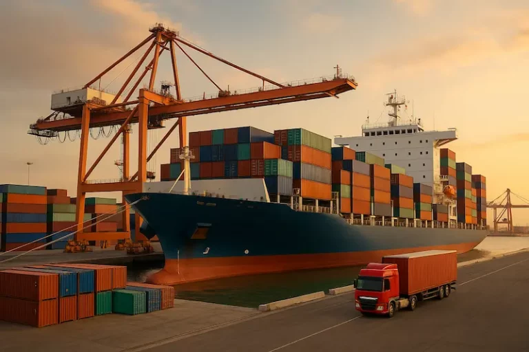 A large cargo ship being loaded at a port next to a freight truck, representing specialized logistics for Oman.