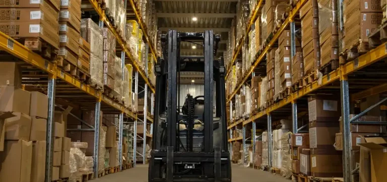 High-density warehouse racking and forklift operations at FastShip, providing scalable distribution and regulatory compliance for international brands.