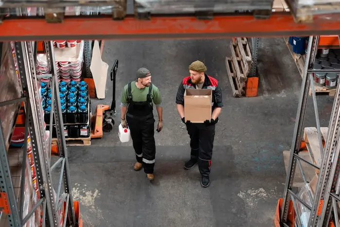 Two logistics professionals managing inventory in a modern warehouse, providing dedicated distribution for FMCG and e-commerce brands.