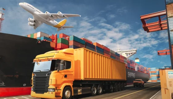 FastShip road cargo services from Dubai to Saudi Arabia showing a yellow freight truck, cargo ship, and airplane representing FTL and LTL land transport options.