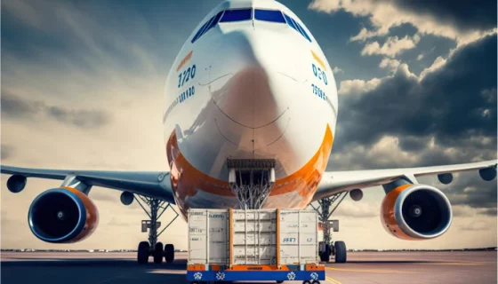 Large cargo aircraft being loaded with freight containers on a sunny tarmac for Dubai to Kuwait shipping services.